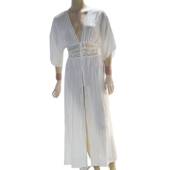 BLUE RAIN Women's Swimsuit Cover Ivory Dolan Sleeve Tie Crochet Waist Size XS - Picture 11 of 11